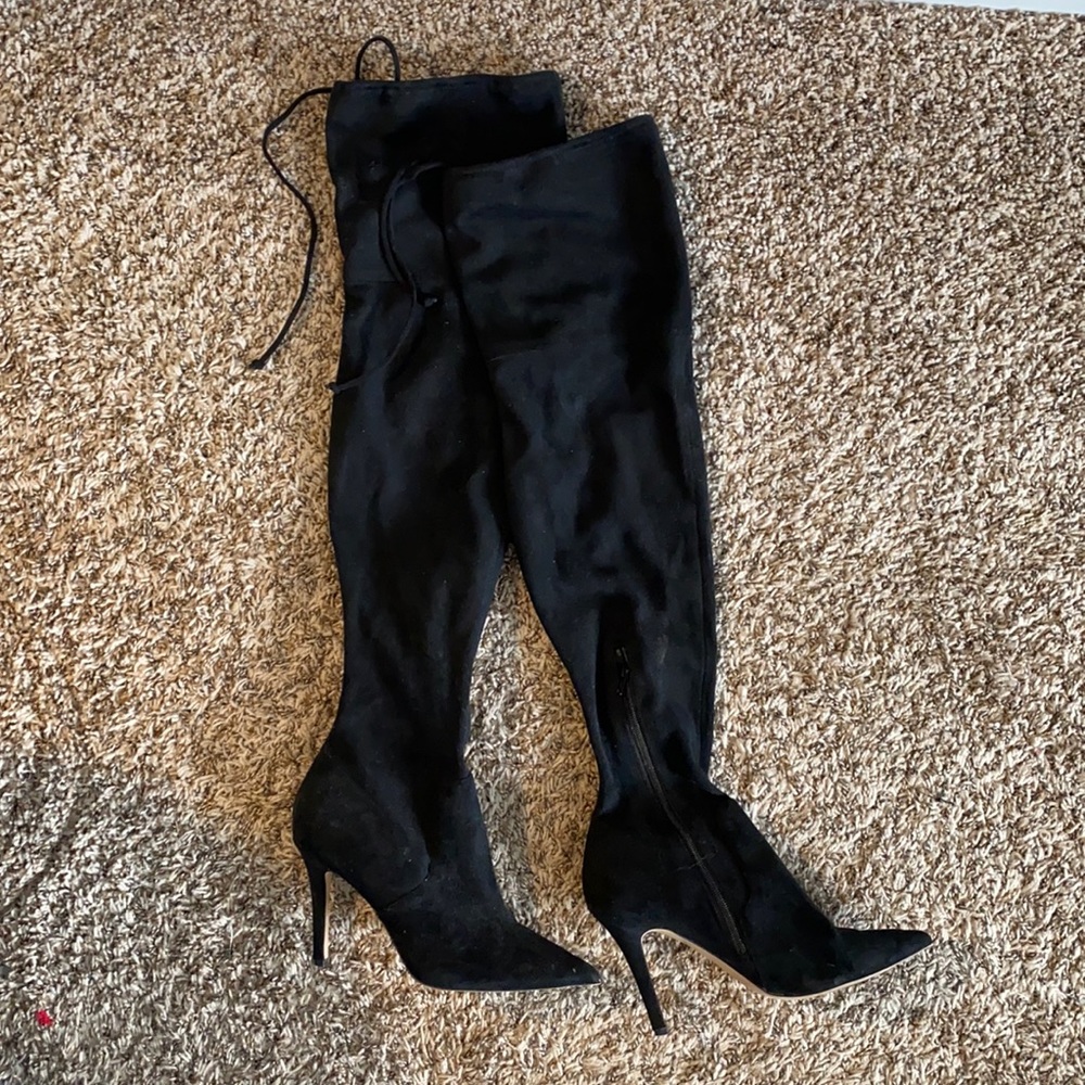 Black velvet thigh high heeled boots